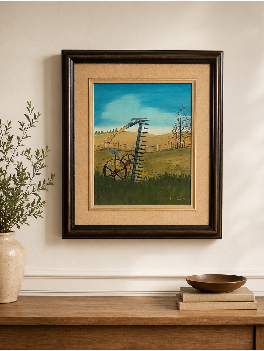 Vintage Framed Farm Oil Painting Landscape Wall Folk Art
